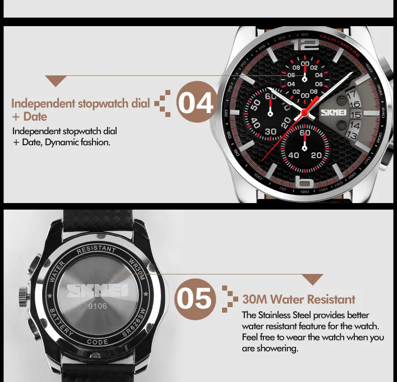 Skmei Top Brand Luxury Leather Strap 5Bar Waterproof Quartz Wristwatches Relogio Masculino Fashion Sport Mens Watches 9106 - Sun Studio