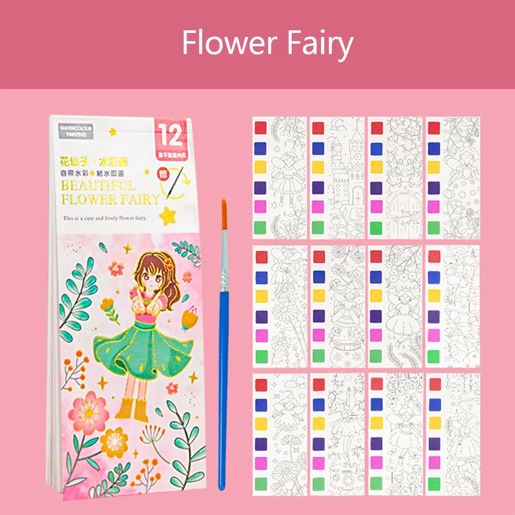 12 Sheets/set Watercolor Painting Book With Paint Brush Gouache Book Portable Kids Graffiti Picture Drawing Stationery - Sun Studio