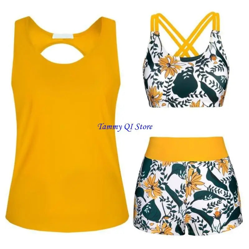 F1FD Women Flowers Print Bathing Suit 3 Pcs Split Swimwear Tankini Swimsuit Swimming Costume Set Ladies Sports Swimwear - Sun Studio