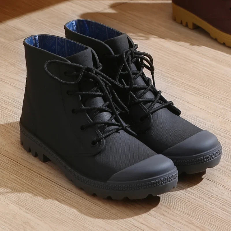 Winter Warm Rain Boots Men Fashion Lace-Up Motorcycle Outdoors Rain Boots Camping Fishing Shorts Shoes Waterproof Rain Women - Sun Studio