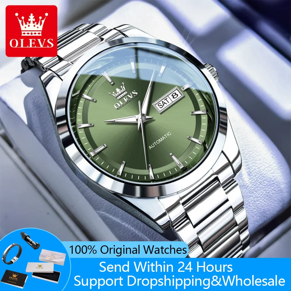 OLEVS 7090 Luxury Men's Watches Original Brand Automatic Mechanical Watches For Man Steel Strap Simple Business Men's Wristwatch - Sun Studio