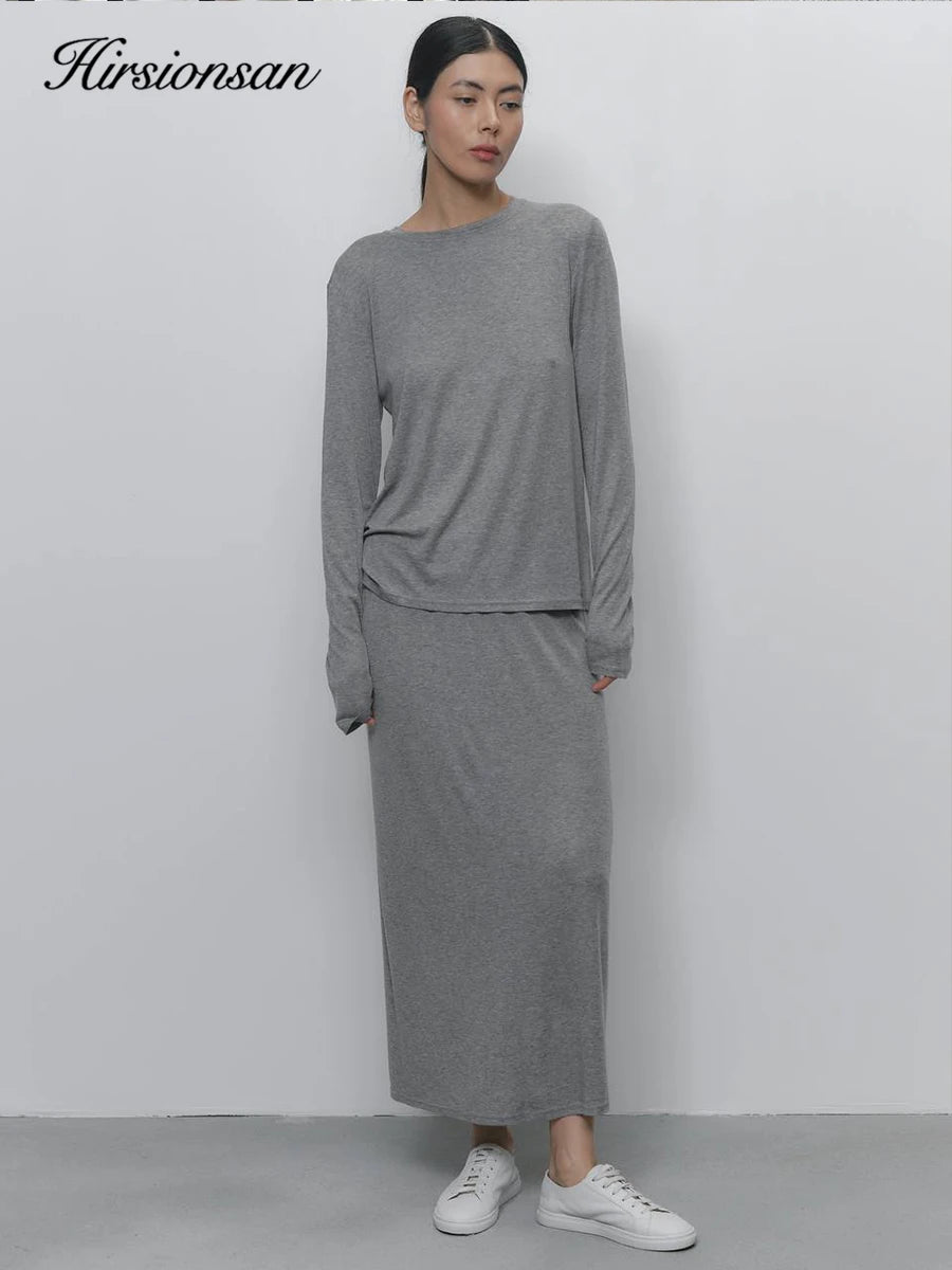 Hirsionsan Modal Soft Loose Sets Women 2026 Casual Two Pieces Long Sleeve T Shirts and High Waist Dresses Outfits Tracksuit - Sun Studio