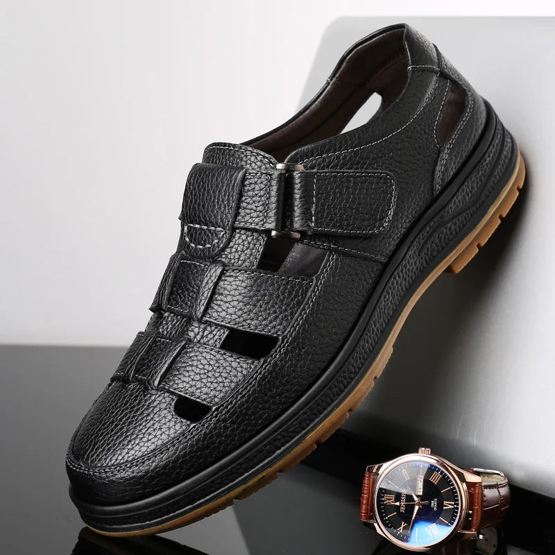 Classic High Quality Leather Business Sandals Summer Outdoor Hiking Shoes Handmade Sandals Fashion Comfortable Men Beach Shoes - Sun Studio