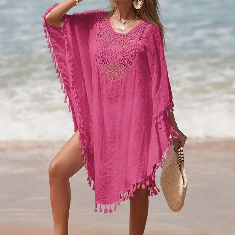 Women's Handmade Crochet Splicing Swimsuit Cover-Ups With Tassel Summer Holiday Beach Casual Loose Sunscreen Short Dress - Sun Studio