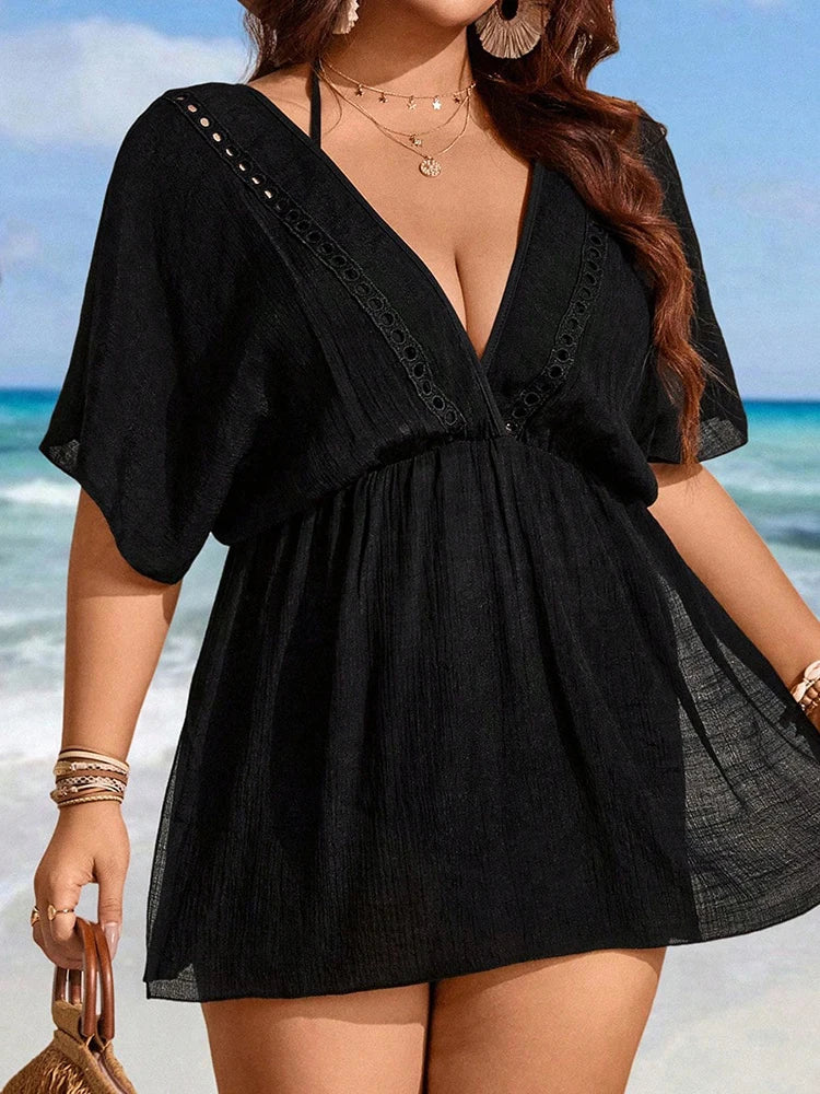 Summer Women Plus Size Bikini Cover Ups Sexy Ladies Chiffon Swimwear Swimsuit Beach Black Sleeve Cover-Up Mini Dress Beachwear - Sun Studio