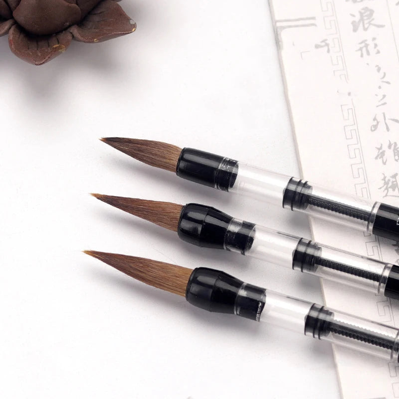 3 Pcs Calligraphy Brush Set Water Storage Paint Brush Pen Automatic Suction Ink Wolf Hair Baiyun Soft Round Point Writing Brush - Sun Studio