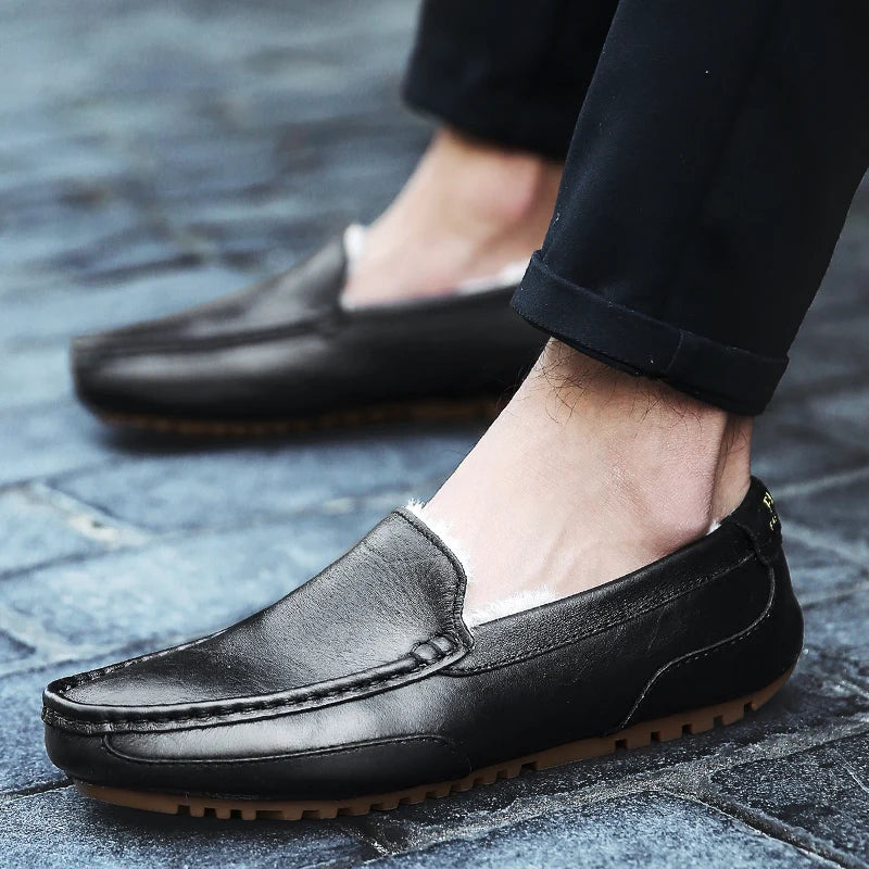 Winter Fur Loafers Men Casual Shoes Cotton Leather Dress Shoes Slip-on Flats Plush Man Moccasins Fleece Lined Driving Shoes - Sun Studio