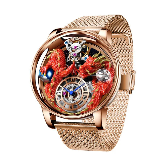 PINDU Design New 3D Dragon Earth Theme Quartz Watches Men Celestial Series Curved Mirror Transparent Design Watch Wristwatches - Sun Studio