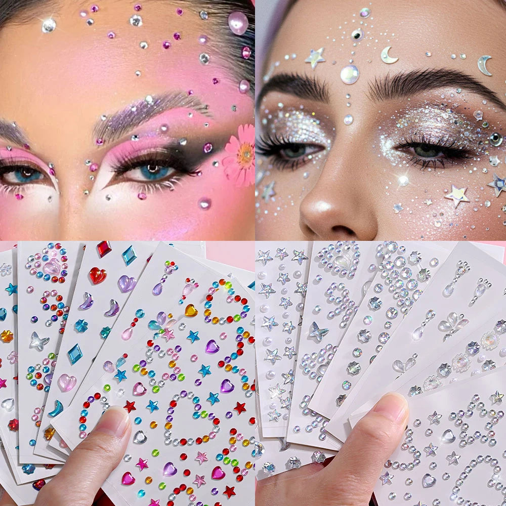 1Sheet 5D Mixed Shell Aurora Rhinestone Girl Face Stickers Hollow Star/Moon/Heart Self-Adhesive Cute Girl Make Up Diamond Decal - Sun Studio