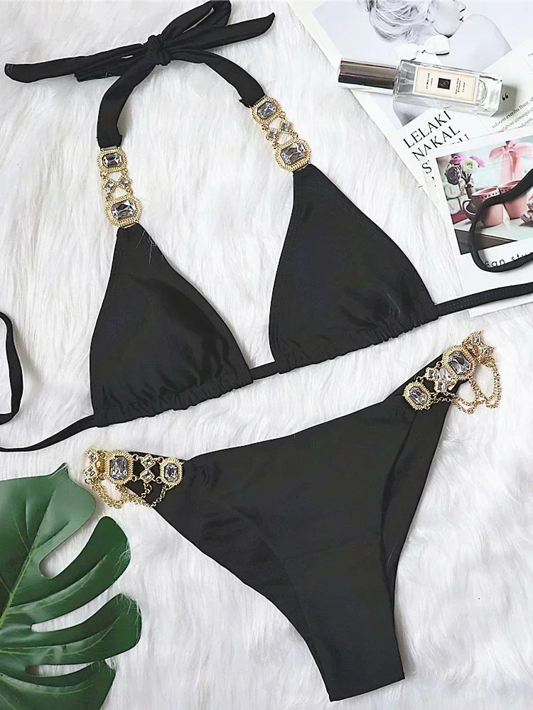 Halter Rhinestone Diamond Bikini Women Swimsuit Female Bikinis Metal Chain Swimwear Two Pieces Bikini Set Bathing Suit Swim Lady