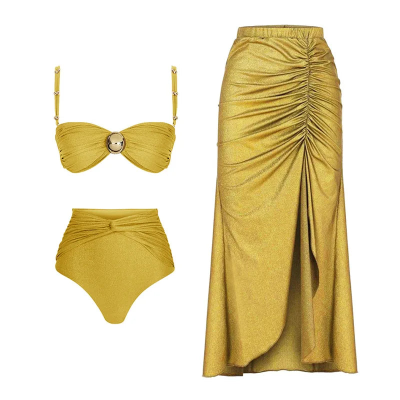 2024 Sexy Women's Swimsuit with Skirt One-Piece Swimwear Vintage Ruffle V Neck Cover Up Bikinis Set Beachwear Bathing Suit