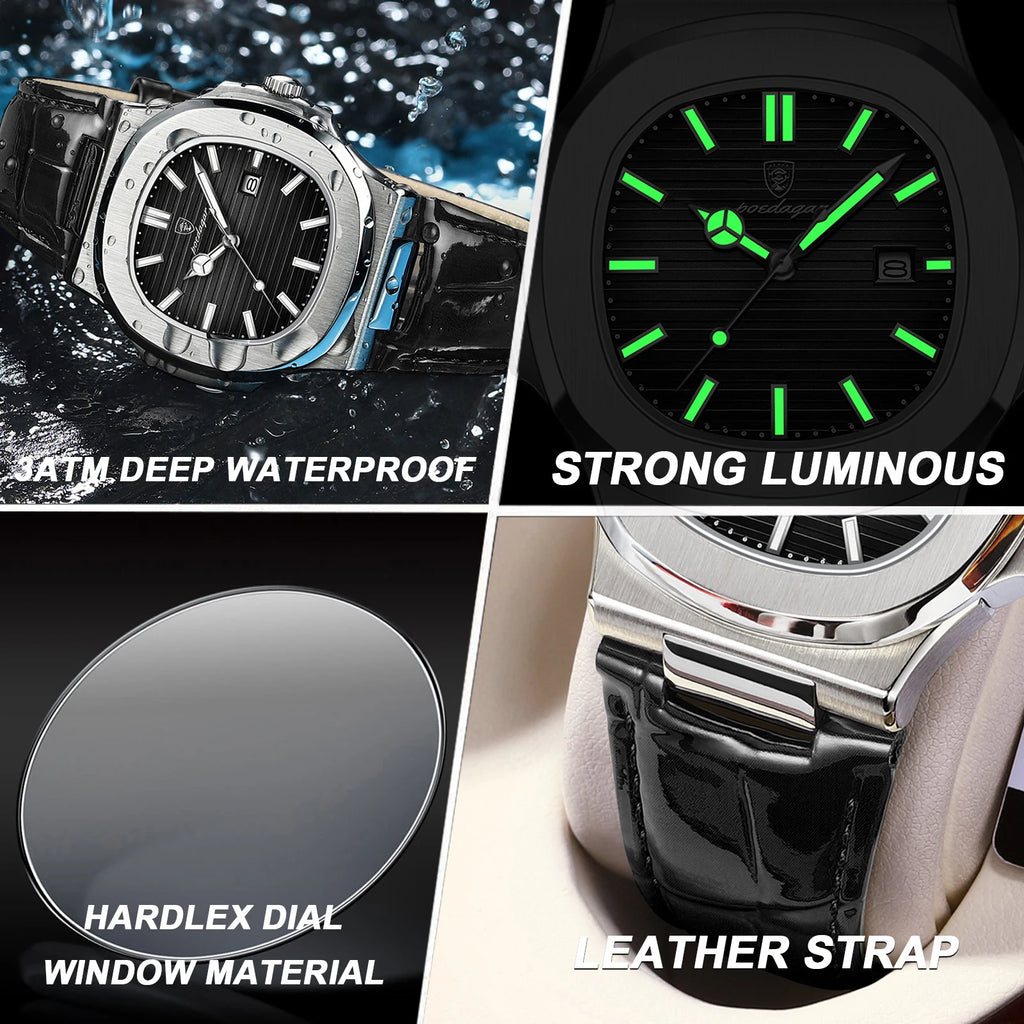 POEDAGAR Original Fashion Men's Wristwatch Date Waterproof Luminous Leather Watches For Men High Quality Square Quartz Man Watch - Sun Studio