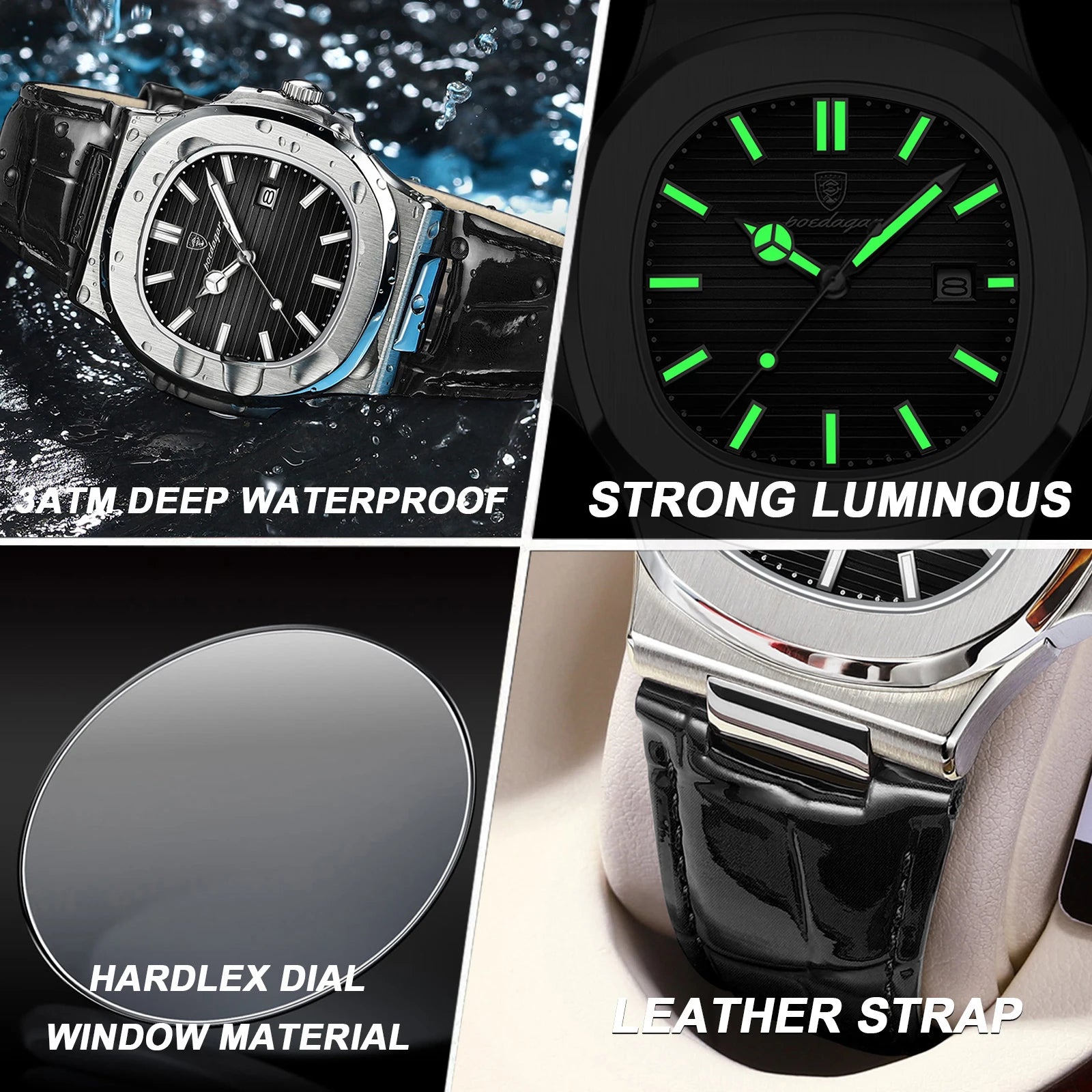 POEDAGAR Original Fashion Men's Wristwatch Date Waterproof Luminous Leather Watches For Men High Quality Square Quartz Man Watch - Sun Studio