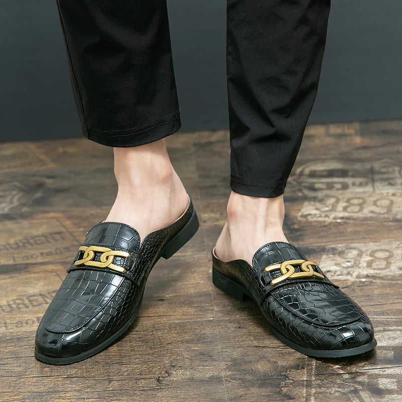 100% Genuine Leather Black Men’s Half Shoes For Men Shoes Mules Casual Designer Shoes Fashion Loafers Luxury Black Slippers 2022