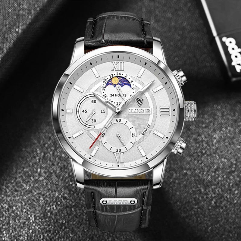 LIGE 2024 Brand New Men's Watches Leather Chronograph Waterproof Sports Automatic Date Quartz Watches for Men Relogio Masculino - Sun Studio