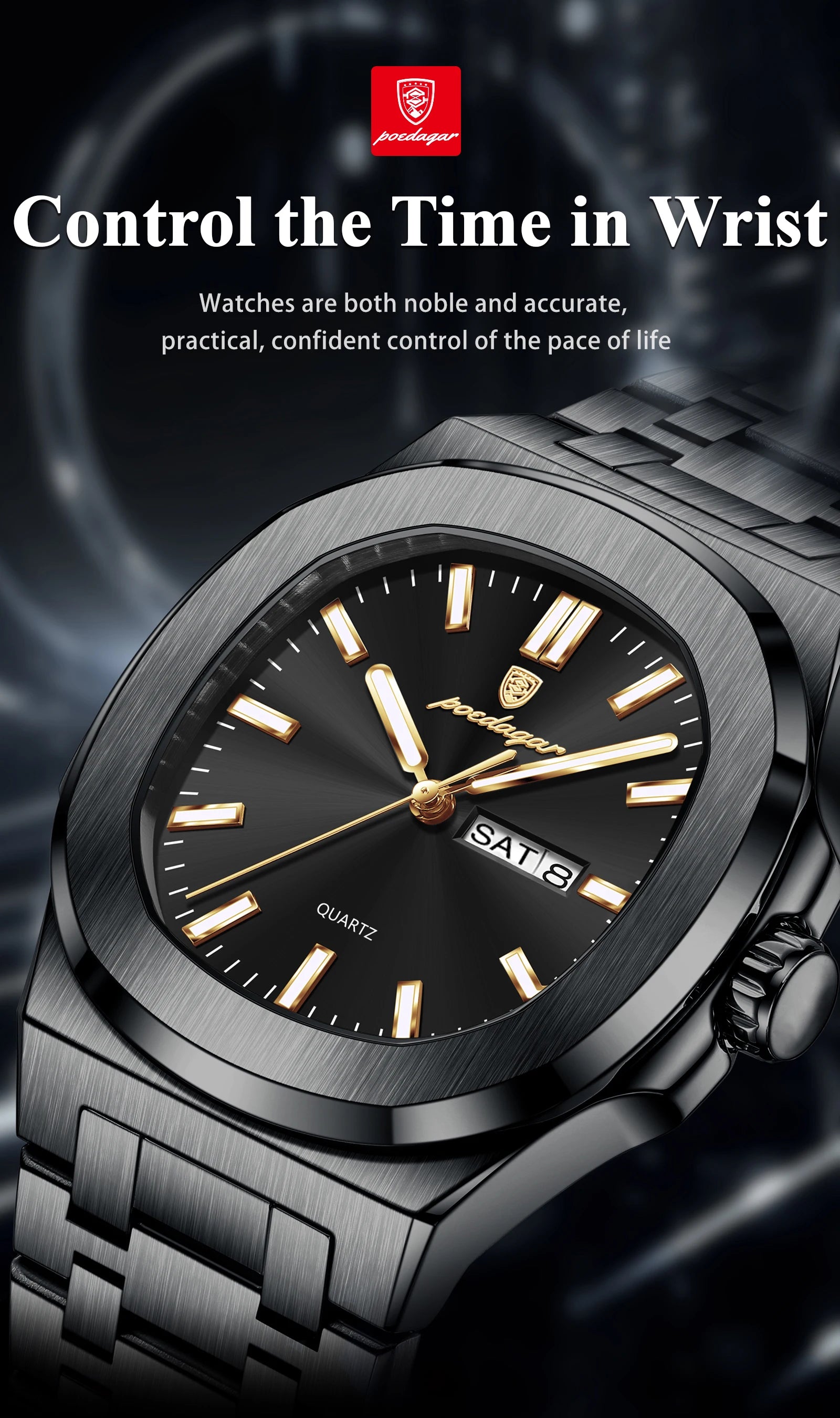 POEDAGAR Luxury Square Men's Watches Waterproof Luminous Date Week Men Watch Stainless Steel Fashion Quartz Man Wristwatch Reloj - Sun Studio