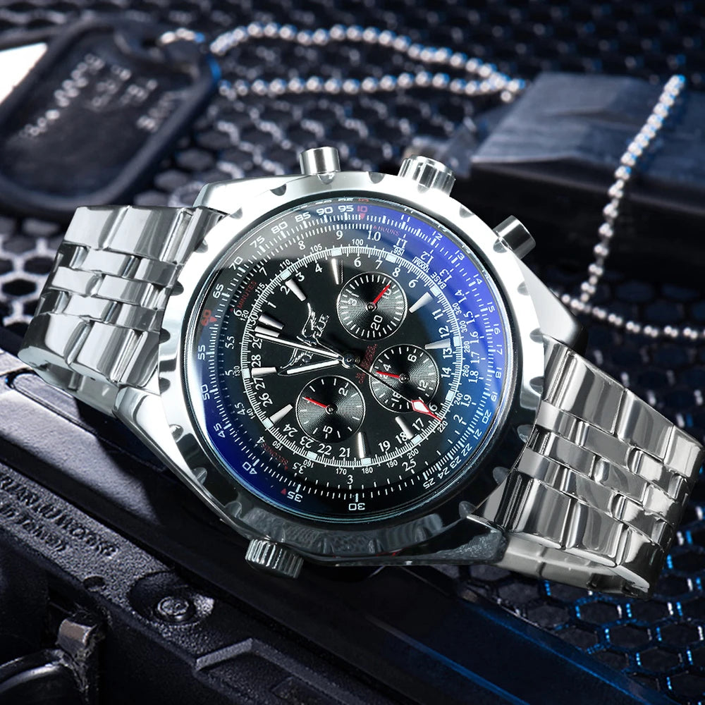 JARAGAR Sports Mens Watches Top Brand Luxury Automatic Mechanical Watch for Men Silver Stainless Steel Strap Military Wristwatch - Sun Studio