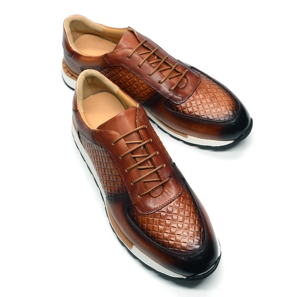 4 Colors Genuine Leather Man Luxury Sneakers Plaid Weave Pattern Lace-up Men Casual White Oxford Shoes Deals Spring Autumn 2024