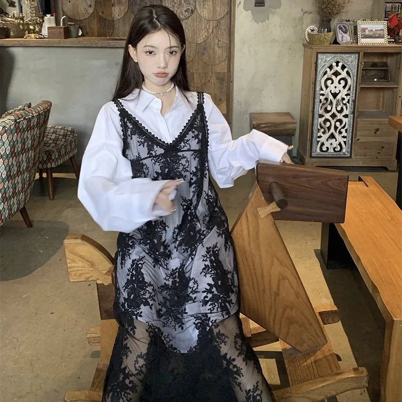 Solid Dresses Women Summer Girls Embroidery Lace Designed Korean Style Layering Streetwear Prevalent Attractive Leisure Trendy - Sun Studio