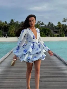 Sexy Flower Print Mini Dresses Women Elegant Ruffles Flared Sleeve Layered V-neck Vestido Female Evening Club Party Outfits 2026 - Sun Studio