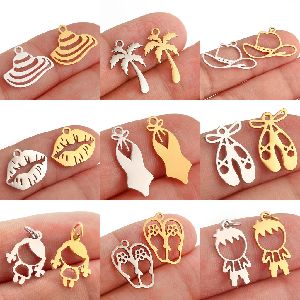 5Pcs Summer Hat/Lip Kiss/Swimsuit/Airplane Travel Charm  Stainless Steel Jewelry Making Craft DIY Bracelets Necklace Accessories - Sun Studio