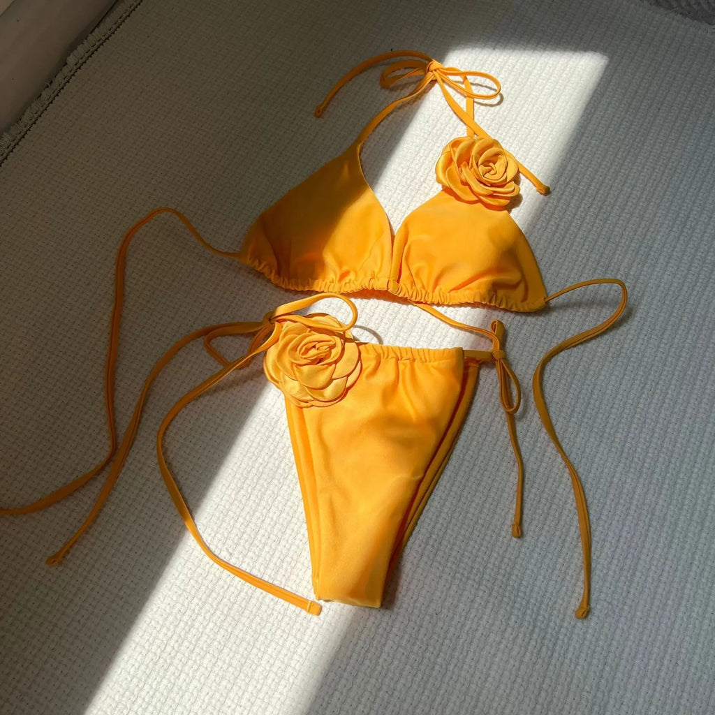 Sexy 3D Flower Black Triangle Bikinis Sets Micro Thong Swimsuit Women String Halter Bathing Suit Bikini 2025 Mujer Biquinis Swim - Sun Studio