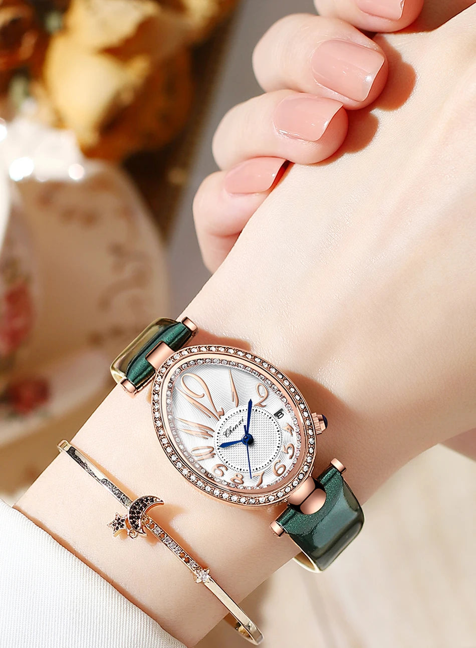 Luxury Watch For Women Diamond Waterproof Quartz Ladies Watches Fashion Elegant Oval Calendar Wristwatche Leather Strap - Sun Studio