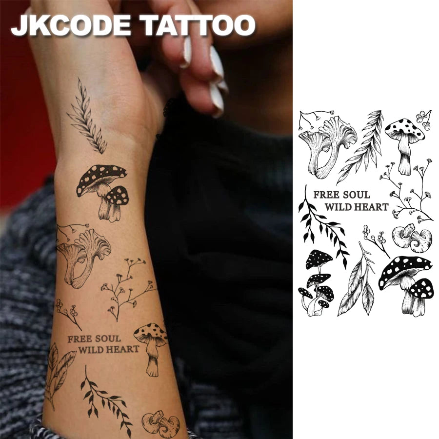 Forest Mushroom Themed Tattoo Minimal Tattoo-Herbal Tattoo Stickers Ins Style-Mushroom, Leaf, Branch, and Flower Pattern Tattoo-Cute Tattoo Fashion Accessories for Girls Women's Finger, Hand, and Neck Tattoo Long-Lasting Wate - Sun Studio