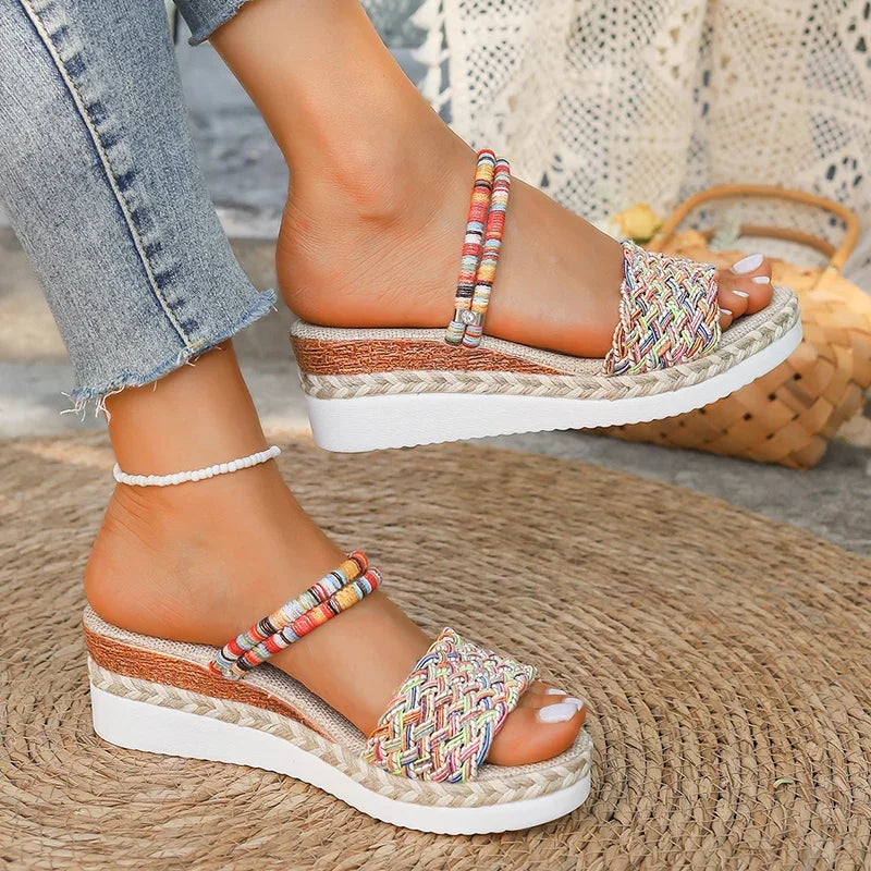 Summer Beach Vocation Bohemian Sandals Woman Wedge Heels Colorful Woven Platform Slippers Women Plus Size 43 Sandalias De Mujer - Sun Studio