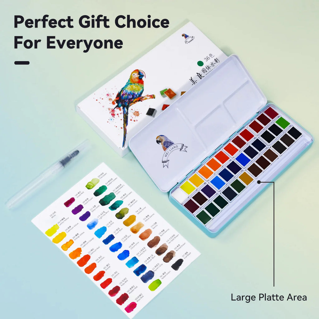 MeiLiang Watercolor Paint Set, 36/48 Vivid Colors in Pocket Box with Metal Ring and Brush, Perfect for Students, Beginners - Sun Studio