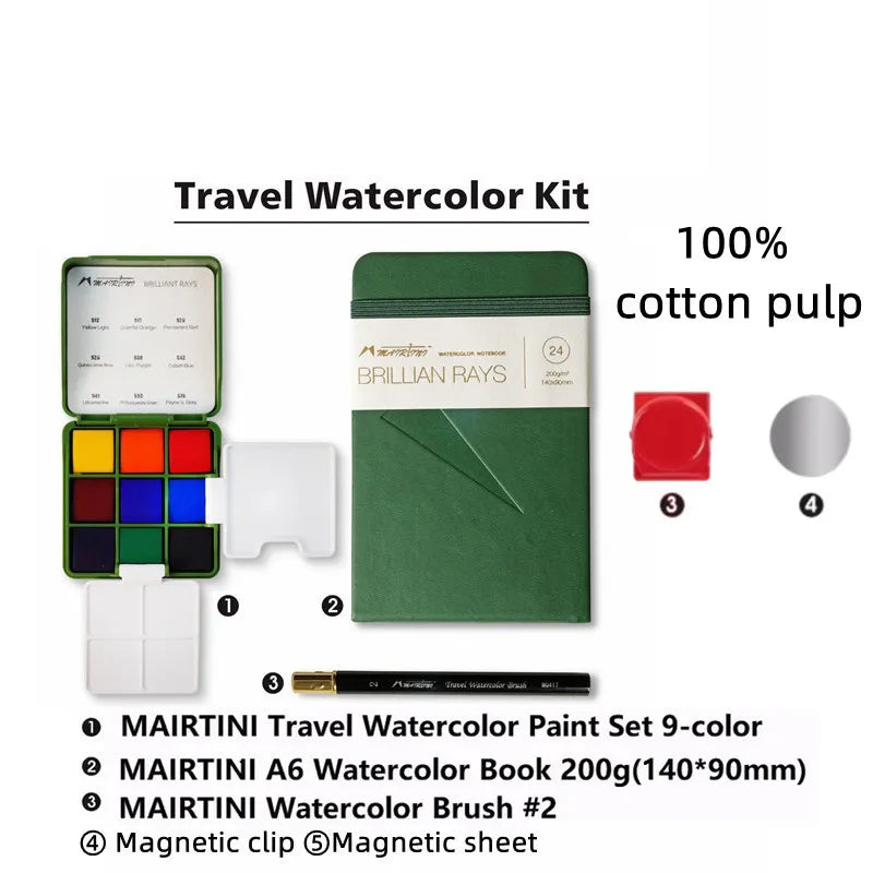 MAIRTINI Travel Watercolor Paint Set 9 Colors 100% Cotton Paper Mini Solid Water Color Paint With Palette Painting Supplies - Sun Studio