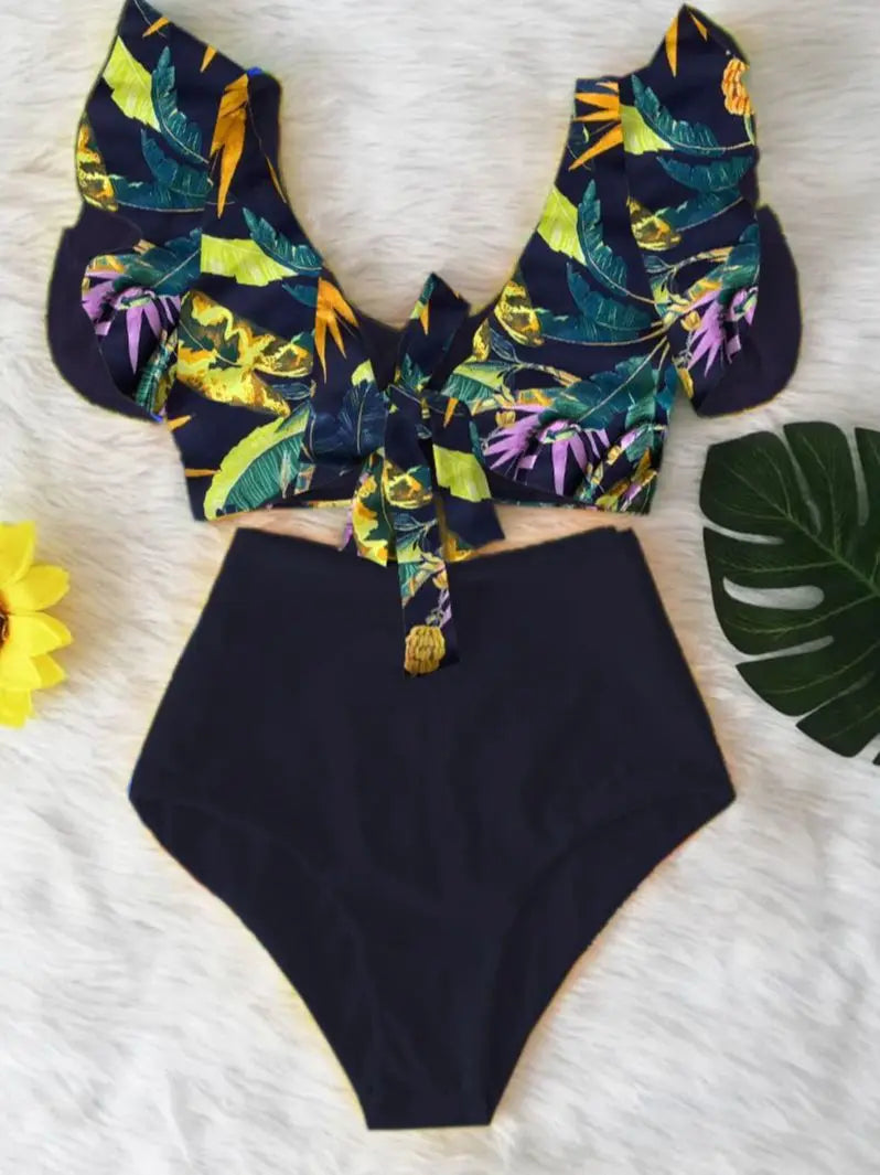 Floral Ruffled Hem Bikini Set Women Flora V-Neck High-Waisted Two Piece Swimsuit 2025 Girl Beach Bathing Suit Swimwear Biquinis - Sun Studio