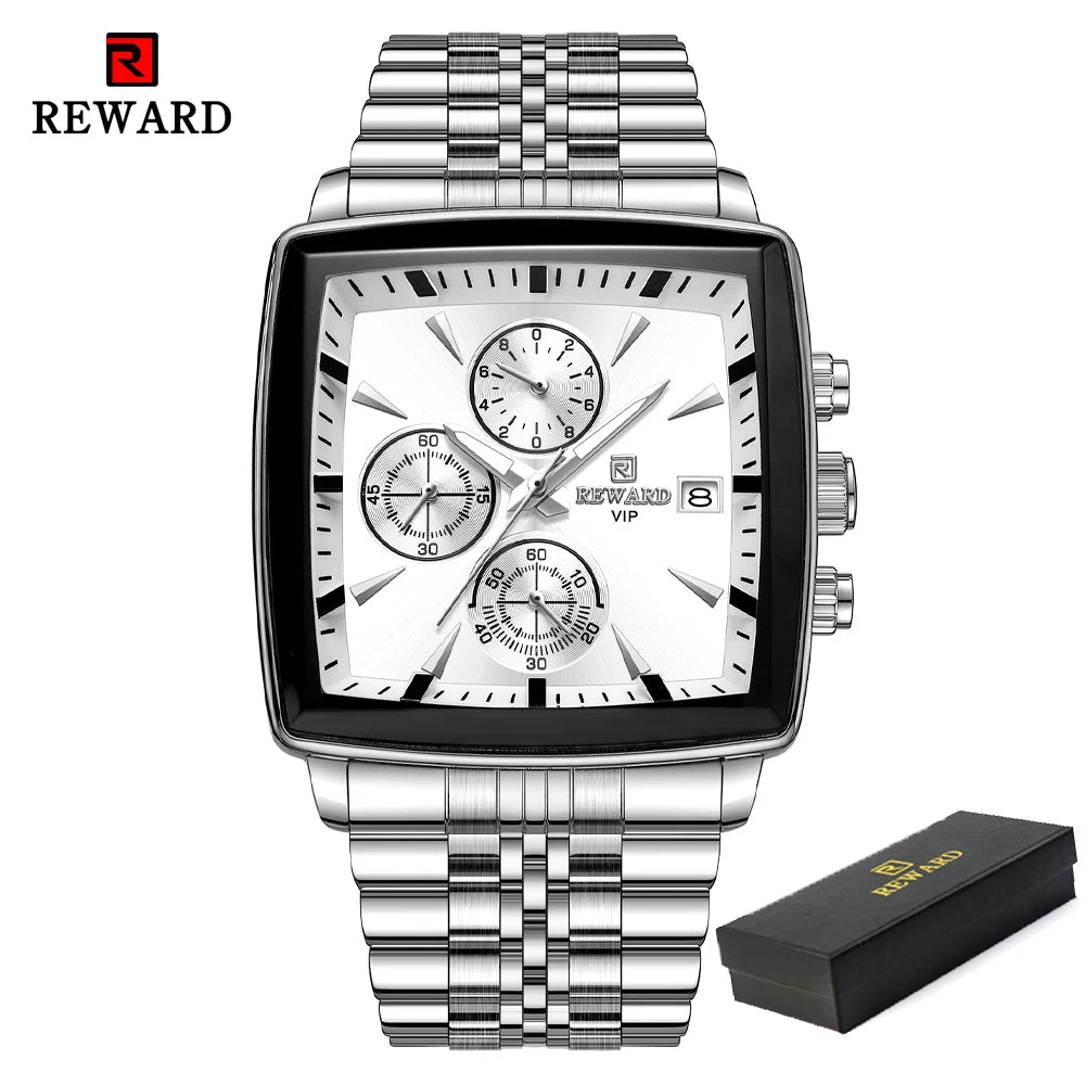 REWARD Fashion Square Dial Watch for Men Stainless Steel Waterproof Quartz Chronograph Mens Watches Luxury Sport Male Clock - Sun Studio