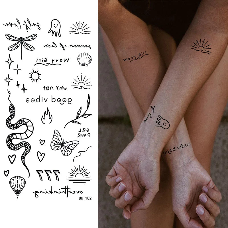 Black White Temporary Transfer Tattoos Floral Butterfly Lettering Line Art Waterproof Body Stickers for Music Festival Party