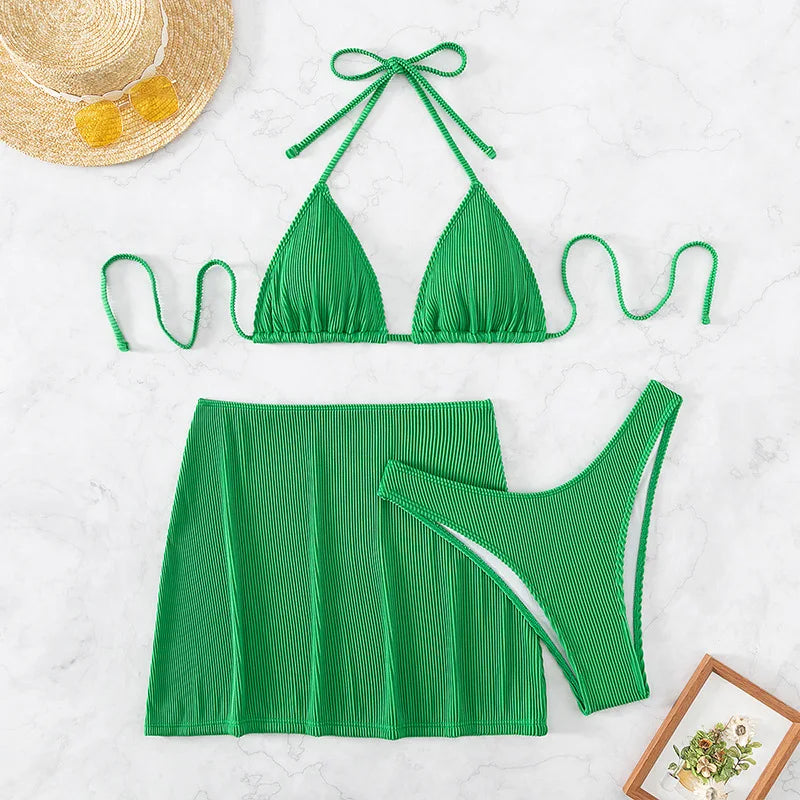 3 Pieces Ribbed Bikinis 2026 Halter Triangle Swimsuit & Skirt Swimwear Women Bathers Bathing Swimming Swim Suit Female Beachwear - Sun Studio