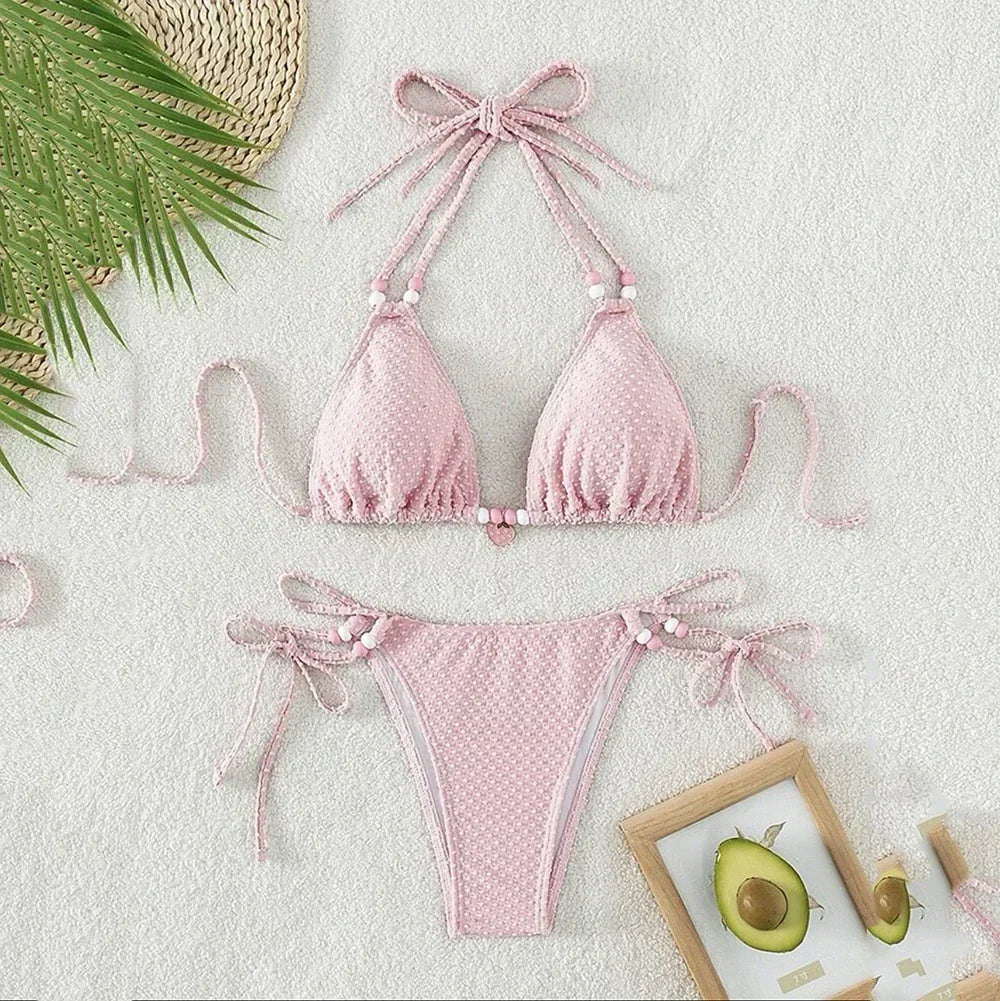 Sexy Pink Micro Thong Bikinis Sets Bead String Halter Swimwear Women Mini Swimsuit Bathing Suit Lace-up Biquinis Triangle Bikini - Sun Studio