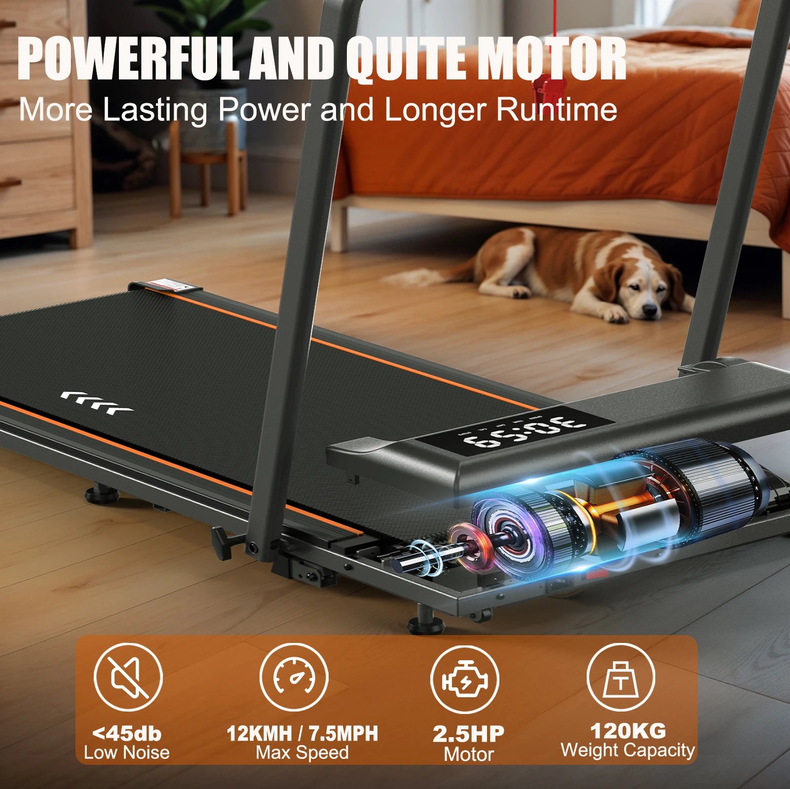 MettleMatic Foldable Home Treadmill | 1-12 Km/h 2.25HP Motor 7% Incline | 100Kg Load 7-Layer Surface | No Installation for Home - Sun Studio