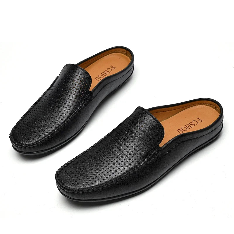 Half Shoes for Men Summer Mens Mules Perforated Leather Slippers Casual Slip-ons Loafers Flats Black Brown - Sun Studio