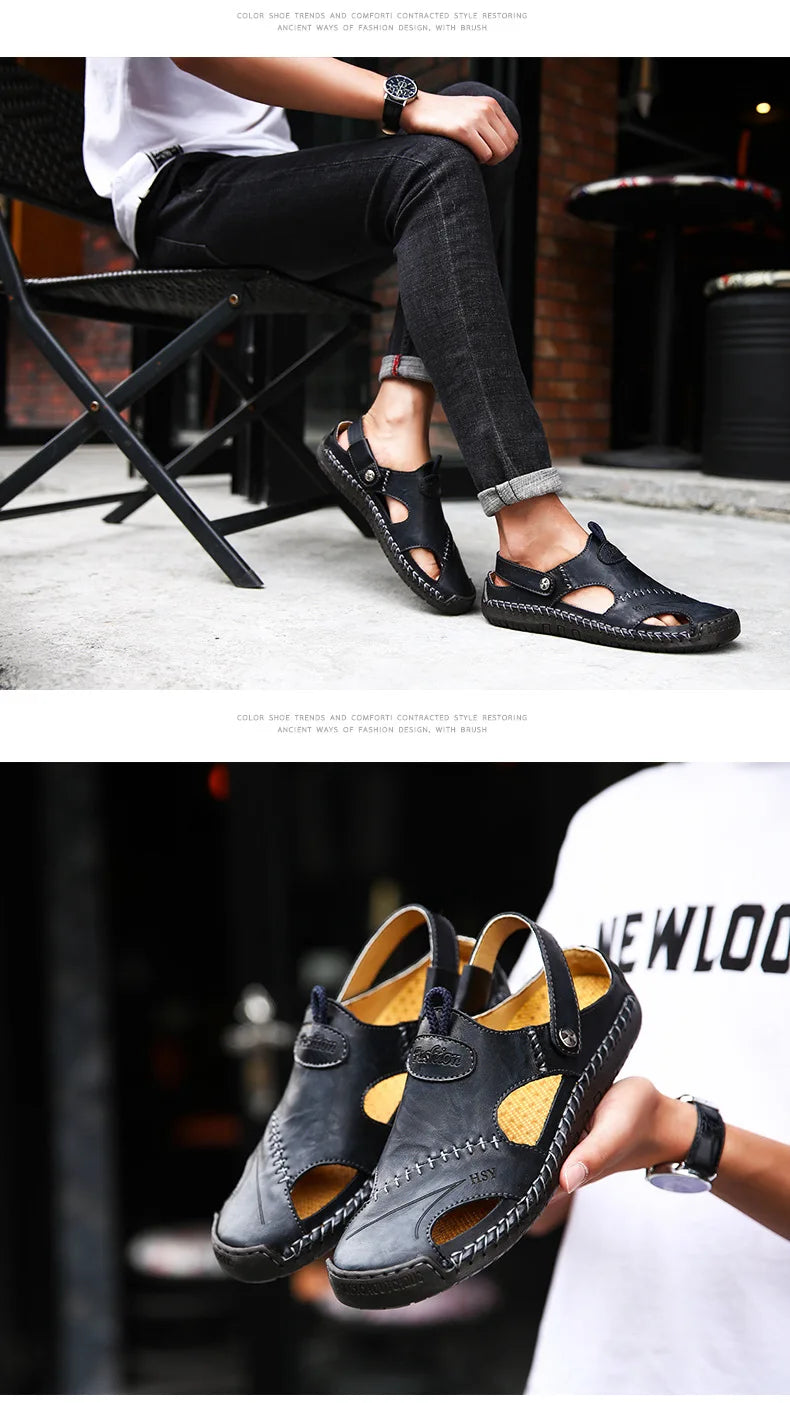 Large Size Men's Sandals Casual Leather Beach Shoes Breathable Slip-On Durable Stitched Construction Comfortable Walking Sandals - Sun Studio