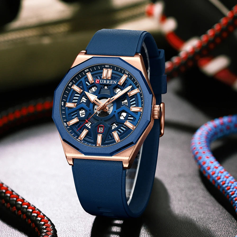 CURREN Fashion Creative Design Watches Men Quartz Silicone Strap Date Wristwatches for Male Clock with Luminous Hands - Sun Studio