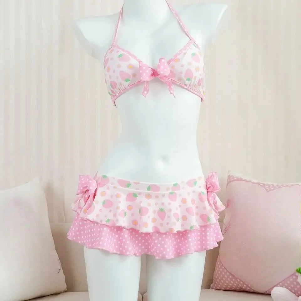 2026 Y2K Summer Sweet  White Dot Sets Lovely Cherry Decor Sexy Lace Trim Style Casual Bikini Swimsuit Beach Holiday Wear - Sun Studio