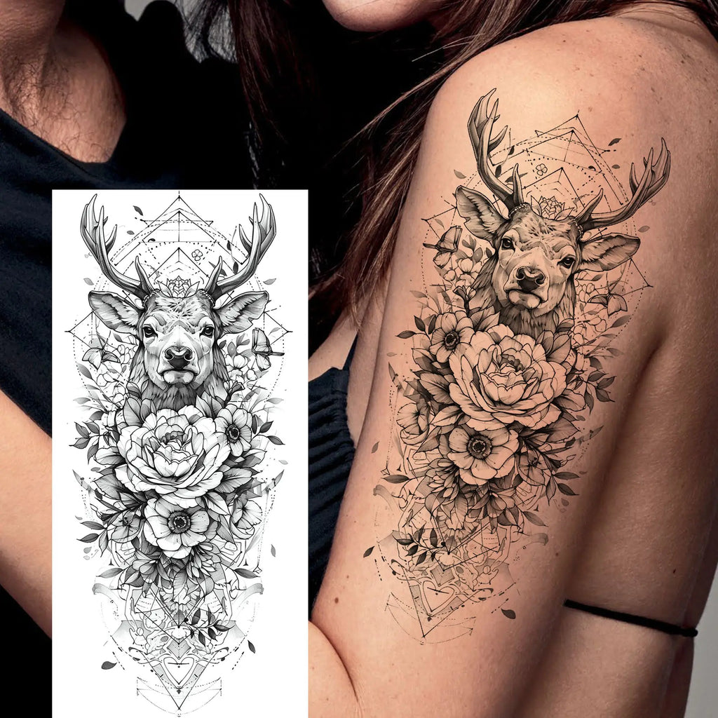 1 Sheet Beautiful Turtle With Flowers Temporary Tattoos Elephant Lion Tatoos Waterproof Realistic Animals Fake Tattoos Stickers - Sun Studio