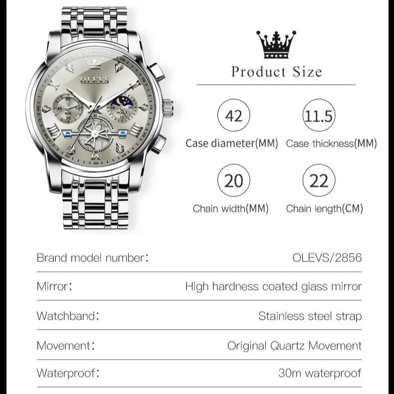 OLEVS Men's Watches Classic Multifunctional Flywheel Design Stainless steel Waterproof Moon Phase Men's Wristwatches 2024 Trend - Sun Studio