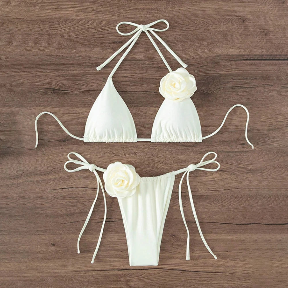 Sexy Bikini Swimsuit Suit 3D Flowers Halter Strappy Bikini Women Swimwear Female Swimsuit 2pcs Bikini Set Bather Bathing Suit - Sun Studio