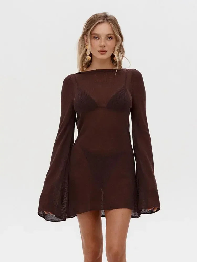 Summer Seaside Women's Solid Knit Mini Dress 2026 Sexy Backless Bell Sleeve See Through Short Dress Beach Swimsuit Cover Up K98 - Sun Studio