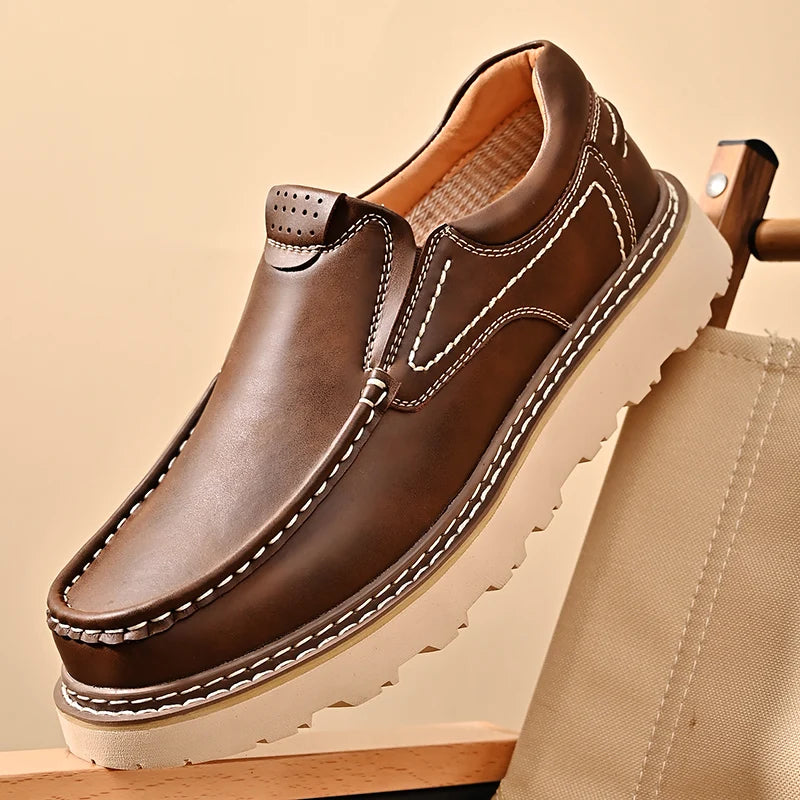 Trendy New Style Men's Genuine Leather Shoes Thick Soled Tooling Shoes Men's Oxford Shoes Lace Up Business Shoes Outdoor Loafers - Sun Studio