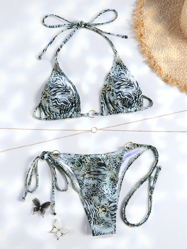 Sexy Triangle Chains Bikini Sets Micro Thongs Swimsuit Women Bathing Suit Biquini Bandage Beachwear Print Swimwear Thong Bikini - Sun Studio