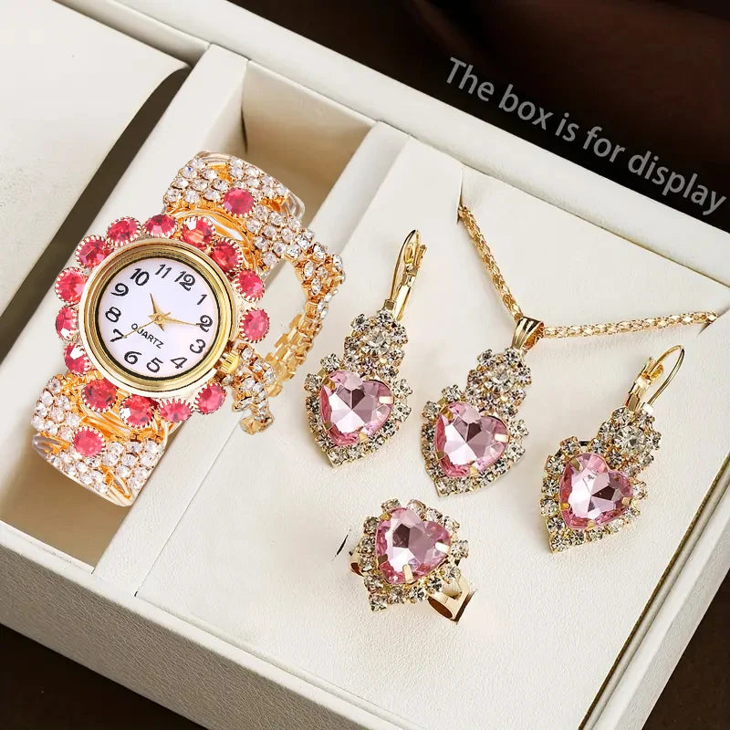 5PCS Luxury Rhinestone Women Watches Jewelry Set Fashion Adjustable Bangle Ladies Quartz Wristwatch Reloj Mujer（Without Box） - Sun Studio