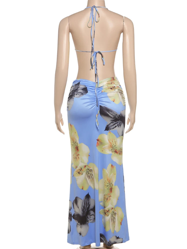 kliou Pearl Splice Stunning Dresses Women Sexy Tie Dye Tassel Bandage Hollow Shirring Maxi Bodycon Lady Vacation Party Vestidos - Sun Studio