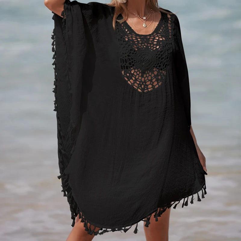 Women's Handmade Crochet Splicing Swimsuit Cover-Ups With Tassel Summer Holiday Beach Casual Loose Sunscreen Short Dress - Sun Studio
